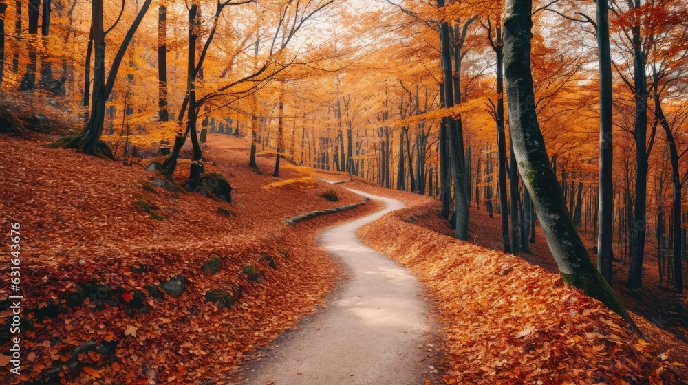 winding forest path covered in a carpet of vibrant orange and red leaves