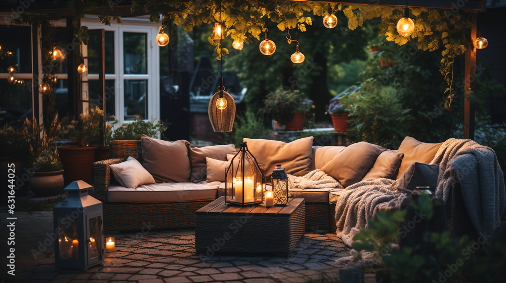  terrace outside ,blurred lantern candle light, soft sofa flowers and trees in garden ,cozy house  atmosfear on evening 