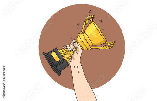 illustration of an adult male holding a sports cup in yellow. The person's hand is holding a golden cup. vector trophy.