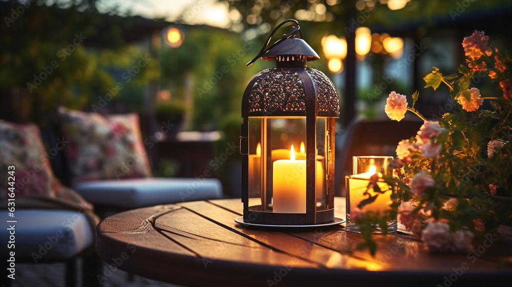 terrace outside ,blurred lantern candle light, soft sofa flowers and trees in garden ,cozy house atmosfear on evening terrace outside ,blurred lantern candle light, soft sofa flowers and trees in garden ,cozy house atmosfear on evening