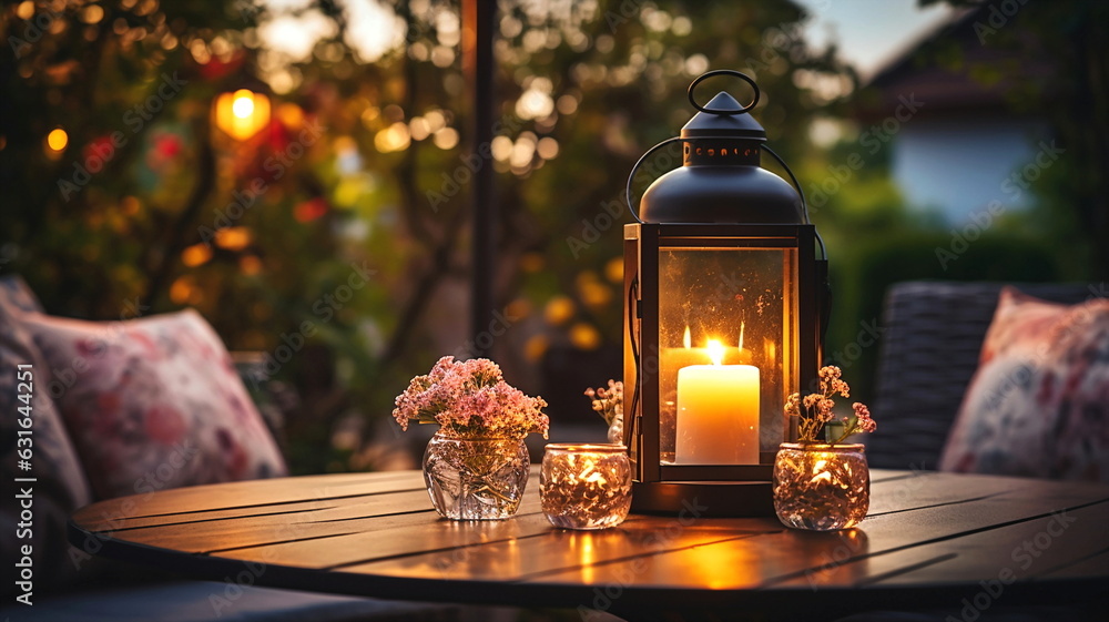 terrace outside ,blurred lantern candle light, soft sofa flowers and trees in garden ,cozy house atmosfear on evening terrace outside ,blurred lantern candle light, soft sofa flowers and trees in garden ,cozy house atmosfear on evening