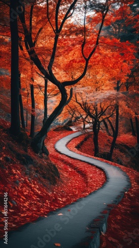 winding forest path covered in a carpet of vibrant orange and red leaves