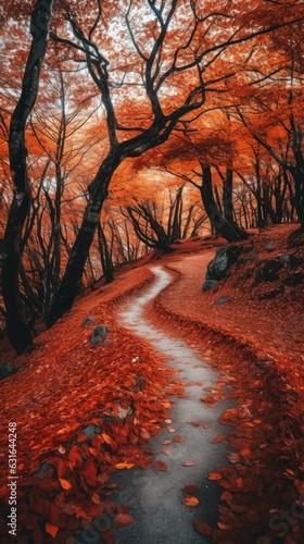 winding forest path covered in a carpet of vibrant orange and red leaves