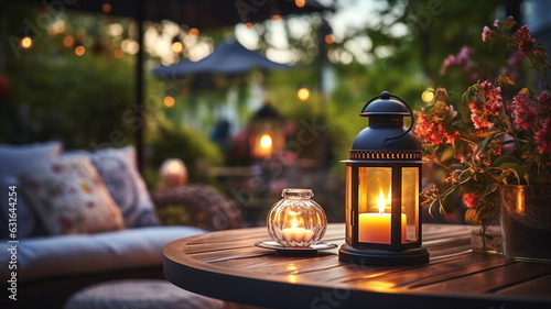  terrace outside ,blurred lantern candle light, soft sofa flowers and trees in garden ,cozy house  atmosfear on evening  © Aleksandr