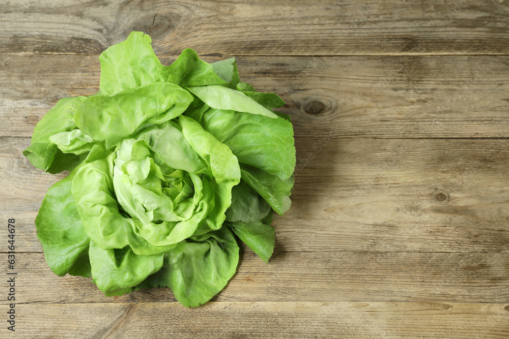 Fresh green butter lettuce on wooden table, space for text Fresh green butter lettuce on wooden table, space for text