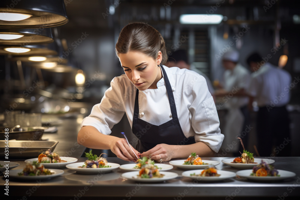 Photogenic Woman Expertly Preparing a Dish in High-End Restaurant Kitchen
