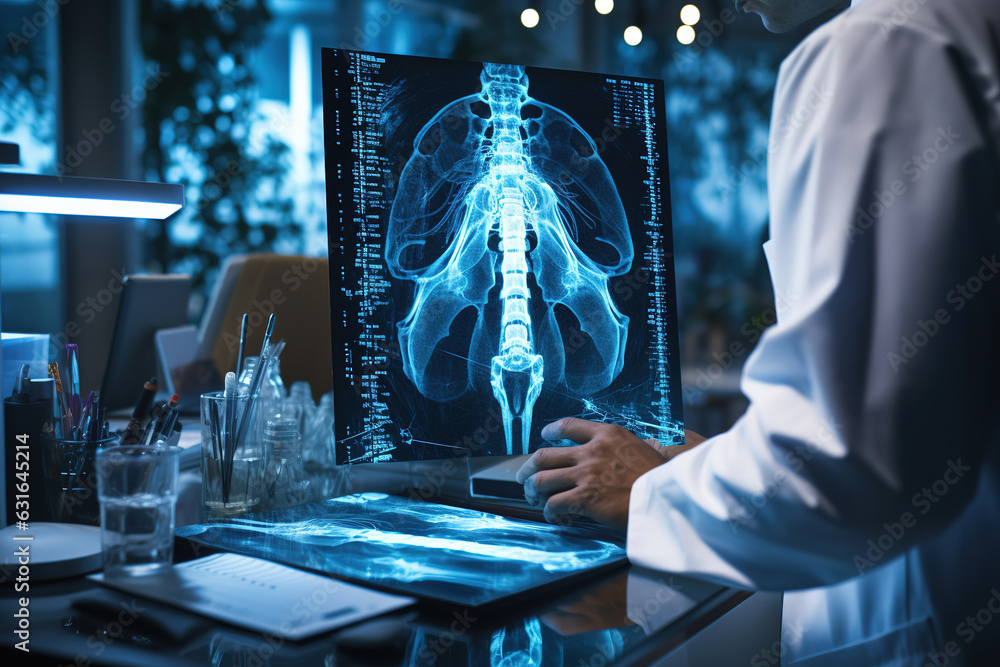 Doctor Radiologist Computer Examining an x-ray image, Doctor radiologist making a diagnosis in ...