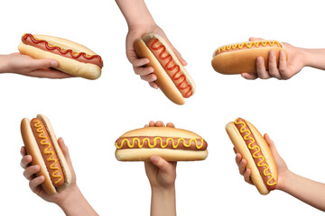 Collage with photos of people holding tasty hot dogs on white background, closeup