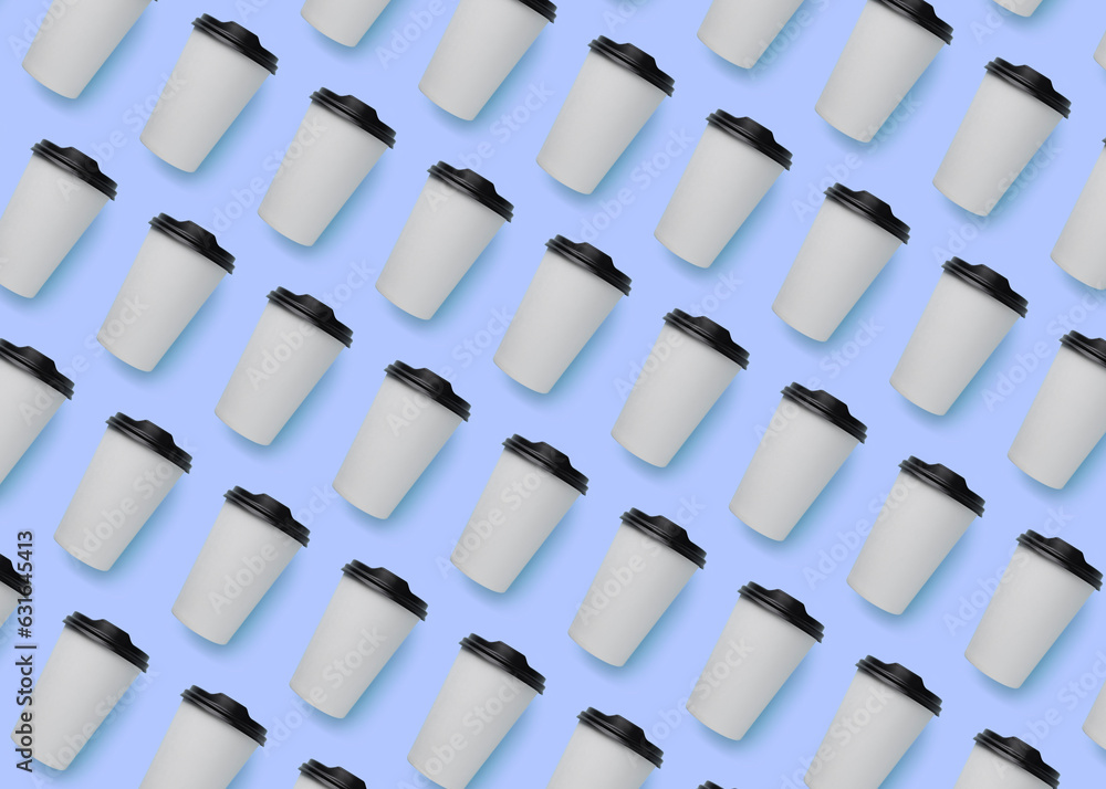 Fototapeta premium To-go drink. Pattern design with paper coffee cup on light blue