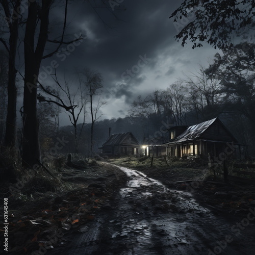 Dark, stormy clouds over a mysterious, abandoned building in a solitary, wild space. Book cover.