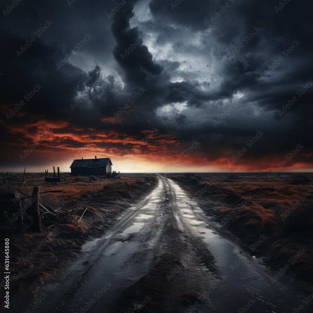 Dark, stormy clouds over a mysterious, abandoned building in a solitary, wild space. Book cover.