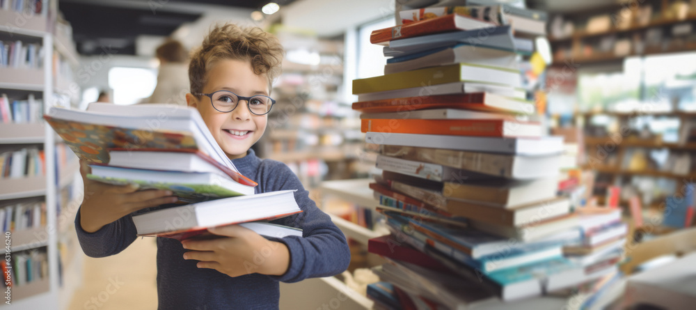 A excited child holding a stack of books in his arms in a bookstore, getting ready for the new school year with enthusiasm and new books,back to school concept A excited child holding a stack of books in his arms in a bookstore, getting ready for the new school year with enthusiasm and new books,back to school concept
