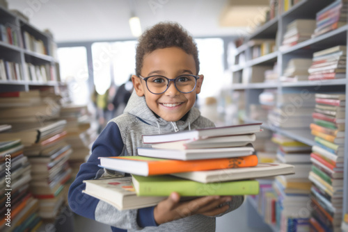 An enthusiastic little one holds a stack of books in a bookstore, getting ready for the new school year excitement, choosing the books to learn and enjoy, and buying school supplies,back to school