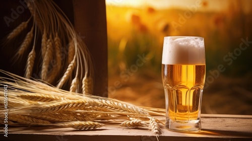 Wheat and barley, ingredients of beer, in front of a glass of beer. Generative AI
