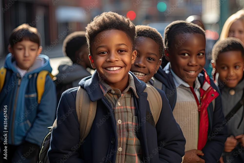 Happy cute black schoolkid with his friends. Happy cute black schoolkid with his friends.