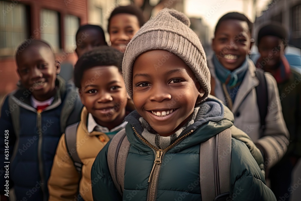 Happy cute black schoolkid with his friends. Happy cute black schoolkid with his friends.