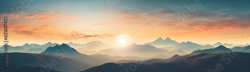 Beautiful panoramic view of a landscape with mountains  hills and a bright sky.