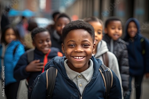 Happy cute black schoolkid with his friends. © RPL-Studio