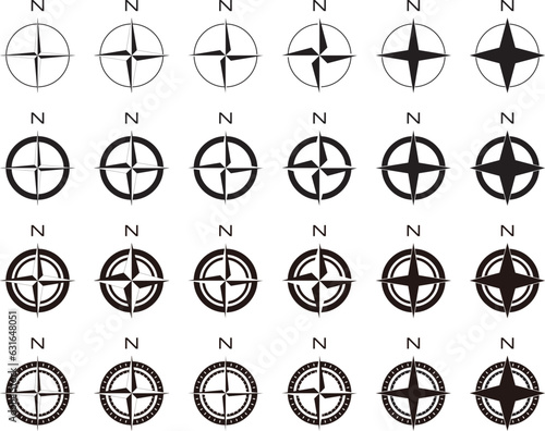 モノクロの方角アイコン・コンパス（方位磁石）のベクターイラストセット
