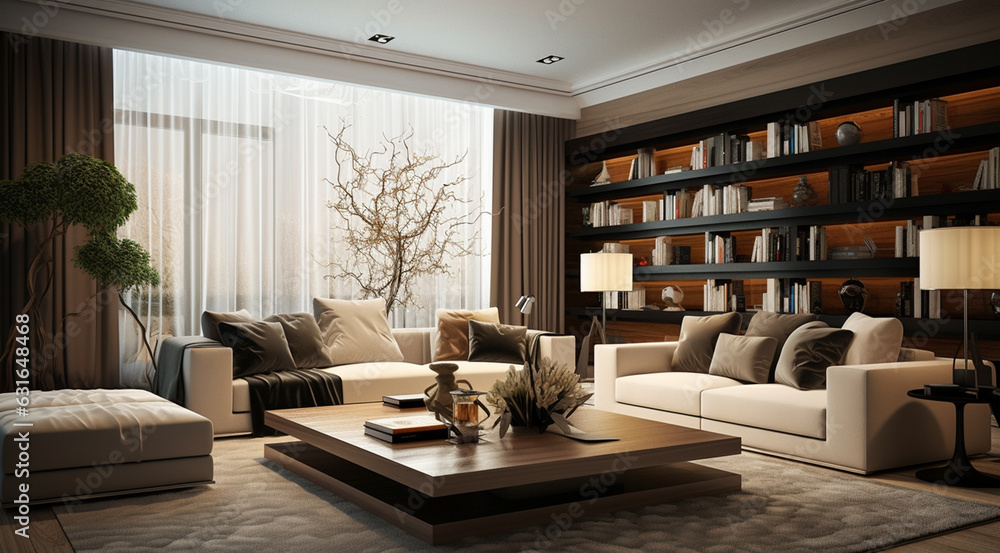 modern living room with white sofa, cozy, nice, with a large shelf on the wall generativa IA