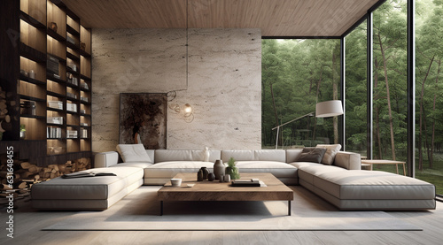 modern living room with white cozy sofa with large window overlooking nature generativa IA