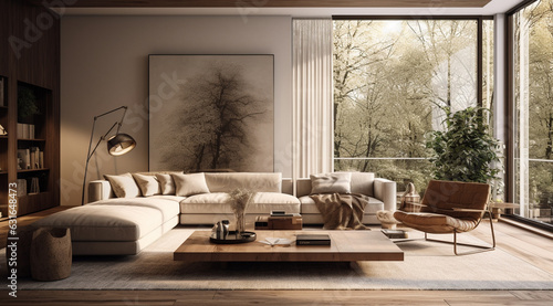 modern living room with white sofa and white walls and large transparent window with natural light generativa IA