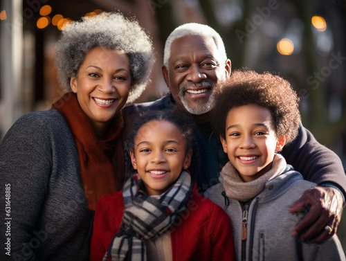 Casual outdoor portrait of black family of grandparents with grandson and granddaughter.  All are looking at the camera and smiling.