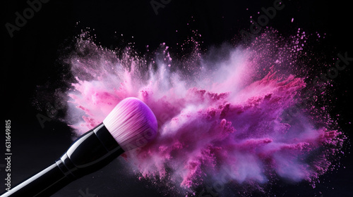 face brush with powder foundation on black background. facial cosmetics make up