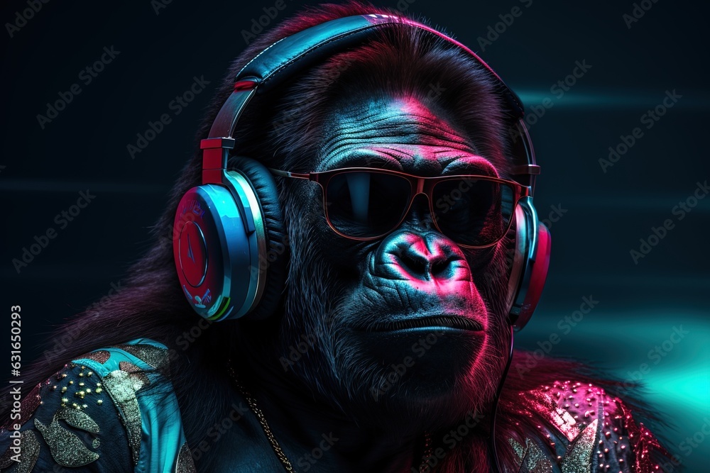 Huge Gorilla with Headphones and sunglasses in a Colorful Background.