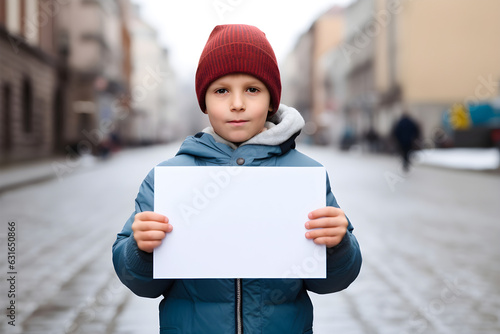 Photo of little boy hand holding white blank or empty paper sheet, Looking camera over outdoors city background. Empty copy space area for slogan or advertising text.