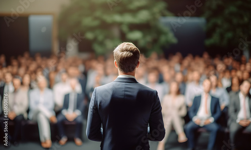 A Businessman speaking a talk on corporate business conference with defocused blurred audience. Business and entrepreneurship event. Speaker giving speech to audience in conference hall auditorium.