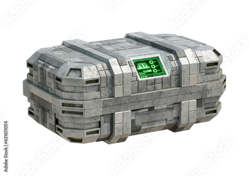 Hi-tech futuristic sci-fi container isolated on white background. concept of storage military equipment and games asset