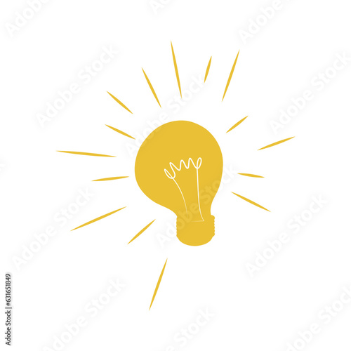 Vector light bulb with rays shine cartoon style. flat style hand drawn style