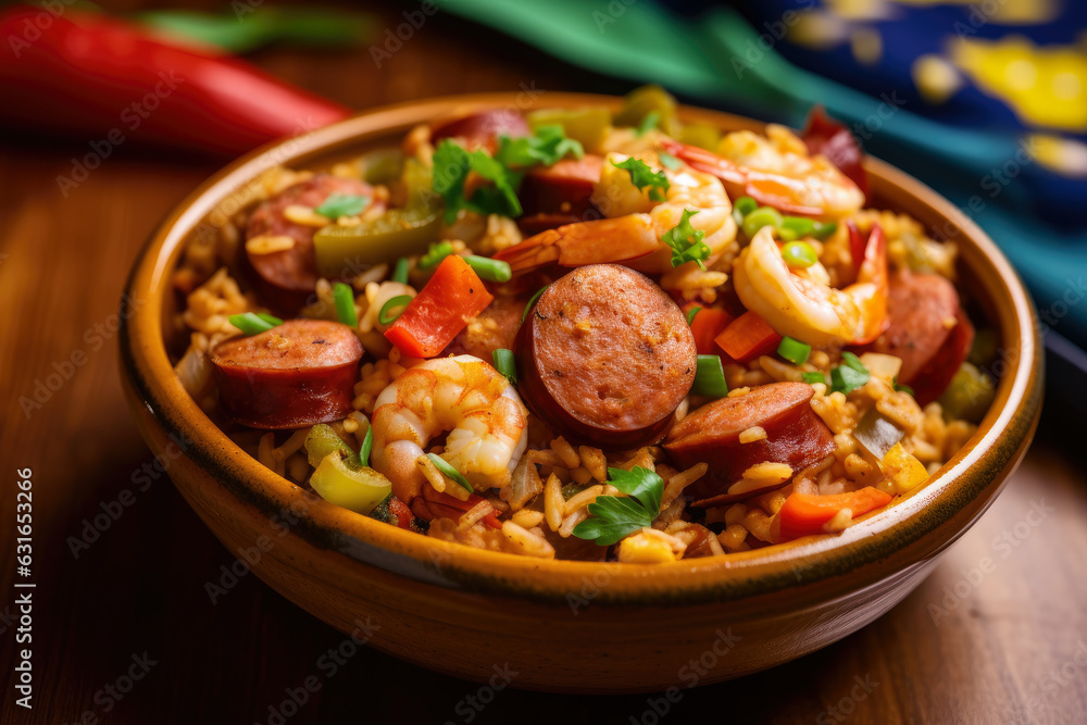 A Colorful Ceramic Dish filled with Jambalaya featuring Andouille Sausage, Shrimp, and Vegetables