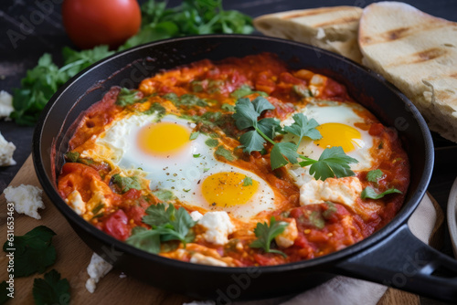 A vibrant and flavorful Shakshuka with Feta Cheese and Za'atar Spice, perfect for a hearty and healthy Middle Eastern-inspired breakfast or brunch.