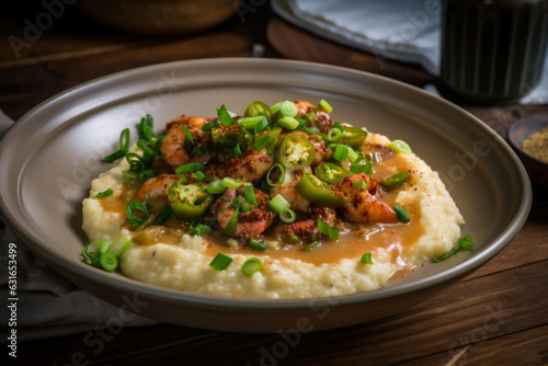 A delicious plate of creamy, cheesy shrimp and grits with a twist of lemon and garlic, perfect for a savory Southern comfort food meal.