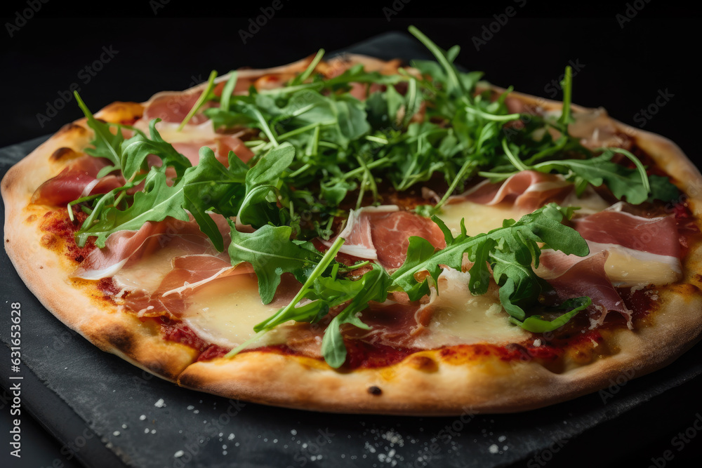 Prosciutto, arugula, and shaved parmesan cheese on a slate board: A close-up of a delicious gourmet pizza. Prosciutto, arugula, and shaved parmesan cheese on a slate board: A close-up of a delicious gourmet pizza.