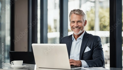 Confident and attractive male CEO using laptop in office
