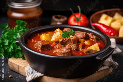 Hungarian goulash, a hearty stew with tender beef and soft potato cubes, showcased in a close-up of a steaming hot bowl.