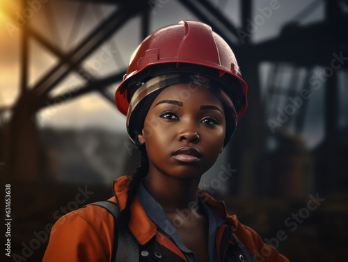 African woman working on a construction site, construction hard hat and work vest, smirking, middle aged or older,