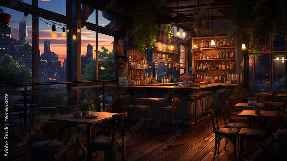 Atmosphere of a modern cafe in the peaceful evening