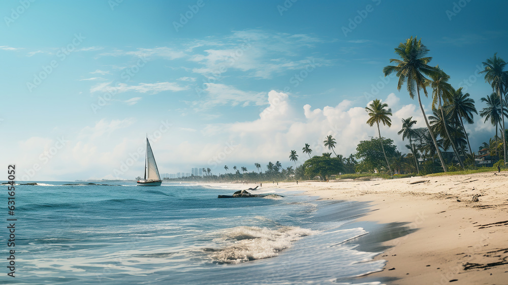 Sunny beach adorned with palm trees and a sailboat on the horizon