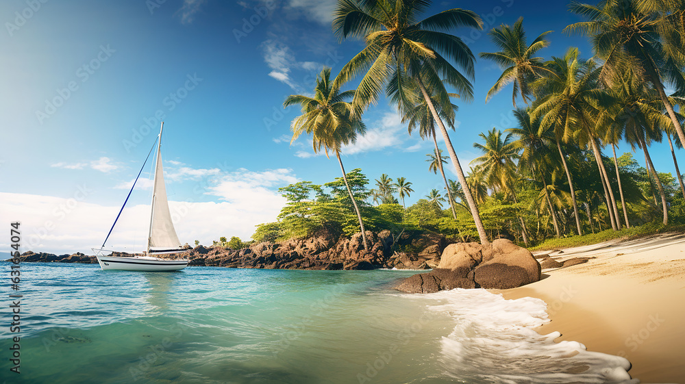 Fototapeta premium bright beach scene featuring palm trees and a sailboat anchored near the shore