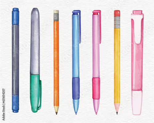 Set of pens and pencils, tools for writing drawing, isolated watercolor Vector illustration. school and office supplies stationery items