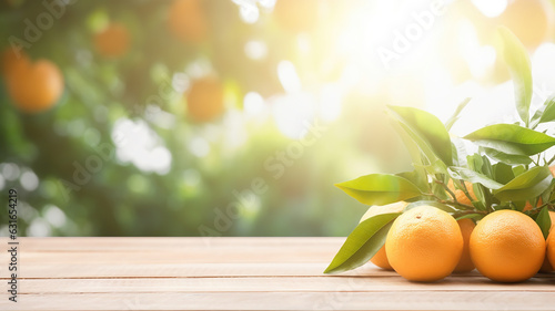 Wooden table providing free space for your decorations  surrounded by orange trees with ripe fruits in sunlight