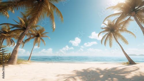 Sandy tropical beach framed by palm trees under the bright sun © vectorizer88