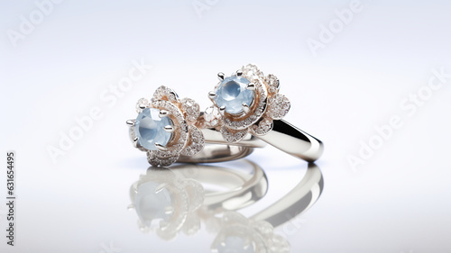 wedding ring set placed on a white background adorned with pearls