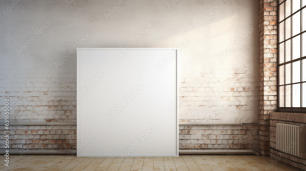 A large blank poster hanging on a string on a cement wall A large blank poster hanging on a string on a cement wall