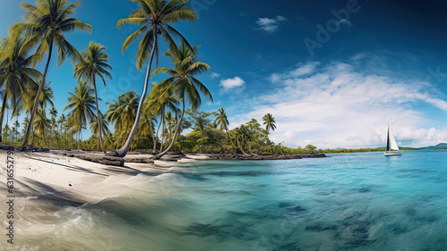 Sunny beach adorned with palm trees and a sailboat on the horizon