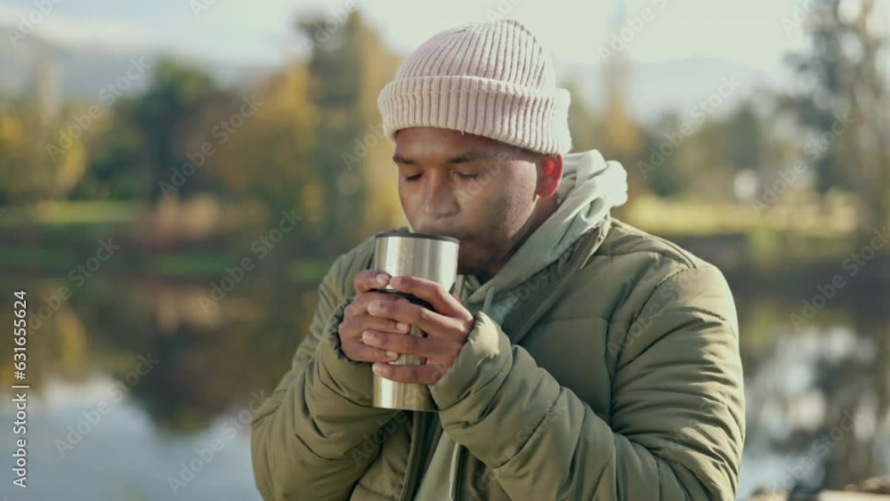 Coffee, camping and morning with black man in nature for adventure, travel and vacation. Relax, freedom and holiday with person drinking tea from mug at lake in outdoors for peace, happy or camp site Coffee, camping and morning with black man in nature for adventure, travel and vacation. Relax, freedom and holiday with person drinking tea from mug at lake in outdoors for peace, happy or camp site